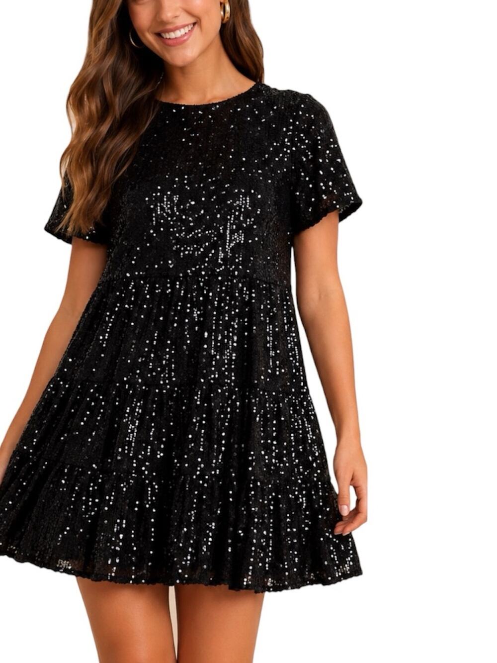 Lulus Taking A Shine Black Sequin Tiered Mini Dress NWT Size Medium